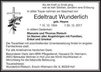 Traueranzeige von Edeltraut Wunderlich von Frankenpost