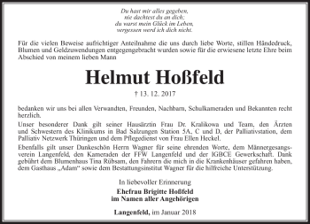 Traueranzeige von Helmut Hoßfeld von Südthüringer Presse
