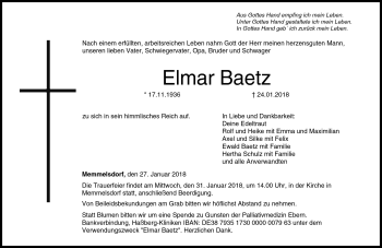 Traueranzeige von Elmar Baetz von Neue Presse Coburg