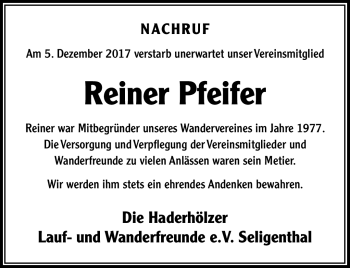 Traueranzeige von Reiner Pfeifer von Südthüringer Presse