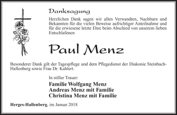 Traueranzeige von Paul Menz von Südthüringer Presse