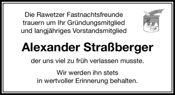 Traueranzeige von Alexander Straßberger von Frankenpost