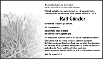 Traueranzeige von Ralf Günzler von Südthüringer Presse