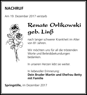Traueranzeige von Renate Orlikowski von Südthüringer Presse