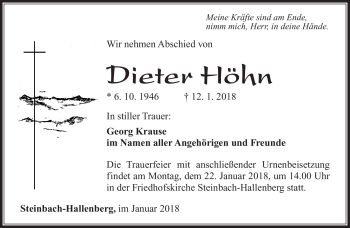 Traueranzeige von Dieter Höhn von Südthüringer Presse