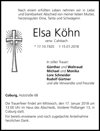 Traueranzeige von Elsa Köhn von Neue Presse Coburg