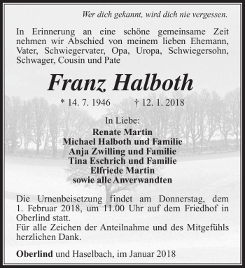 Traueranzeige von Franz Halboth von Südthüringer Presse