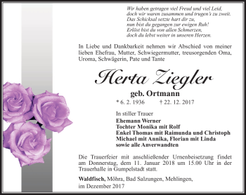Traueranzeige von Herta Ziegler von Südthüringer Presse
