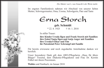 Traueranzeige von Erna Storch von Südthüringer Presse