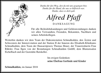 Traueranzeige von Alfred Pfaff von Südthüringer Presse