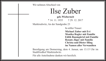 Traueranzeige von Ilse Zuber von Frankenpost