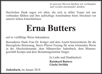 Traueranzeige von Erna Butters von Südthüringer Presse