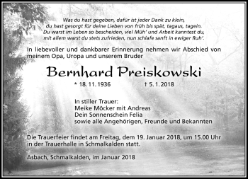 Traueranzeige von Bernhard Preiskowski von Südthüringer Presse