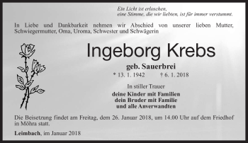 Traueranzeige von Ingeborg Krebs von Südthüringer Presse