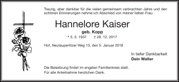 Traueranzeige von Hannelore Kaiser von Frankenpost