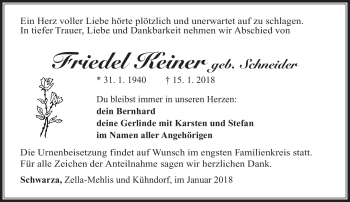 Traueranzeige von Friedel Keiner von Südthüringer Presse