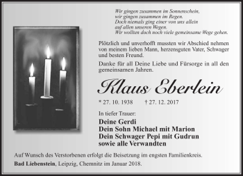 Traueranzeige von Klaus Eberlein von Südthüringer Presse