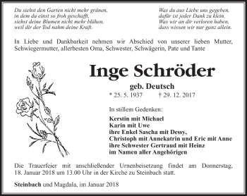 Traueranzeige von Inge Schröder von Südthüringer Presse