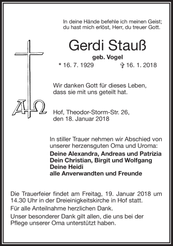 Traueranzeige von Gerdi Stauß von Frankenpost