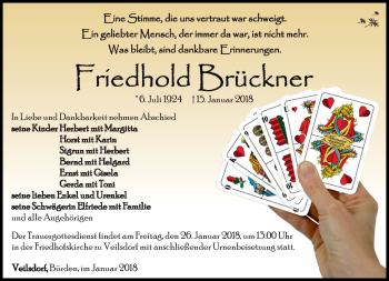 Traueranzeige von Friedhold Brückner von Südthüringer Presse