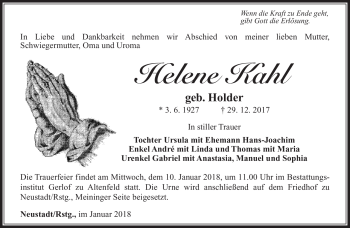 Traueranzeige von Helene Kahl von Südthüringer Presse