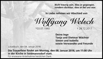 Traueranzeige von Wolfgang Welsch von Neue Presse Coburg