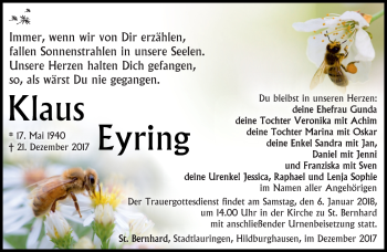 Traueranzeige von Klaus Eyring von Südthüringer Presse