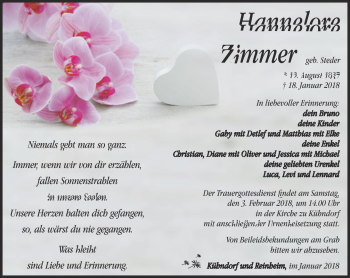 Traueranzeige von Hannelore Zimmer von Südthüringer Presse