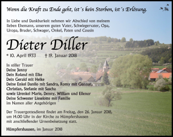 Traueranzeige von Dieter Diller von Südthüringer Presse