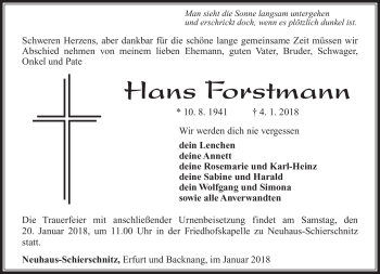 Traueranzeige von Hans Forstmann von Südthüringer Presse