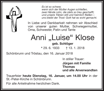 Traueranzeige von Anni Luise Klose von Frankenpost