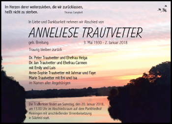 Traueranzeige von Anneliese Trautvetter von Südthüringer Presse