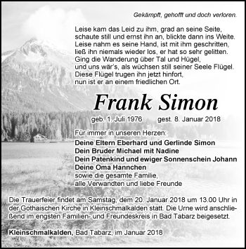 Traueranzeige von Frank Simon von Südthüringer Presse