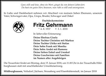 Traueranzeige von Fritz Gehrmann von Südthüringer Presse