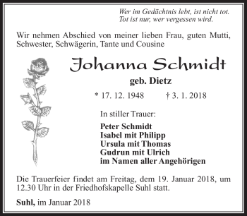 Traueranzeige von Johanna Schmidt von Südthüringer Presse