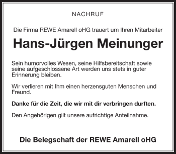 Traueranzeige von Hans-Jürgen Meinunger Meinunger von Südthüringer Presse