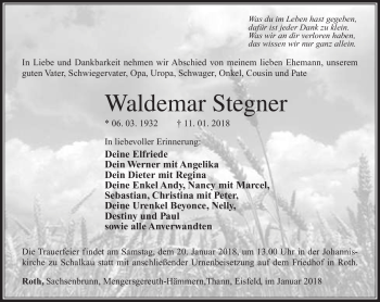 Traueranzeige von Waldemar Stegner von Südthüringer Presse