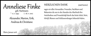 Traueranzeige von Anneliese Finke von Neue Presse Coburg