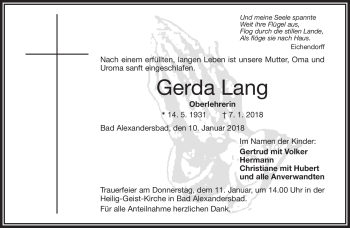 Traueranzeige von Gerda Lang von Frankenpost