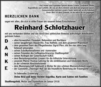 Traueranzeige von Reinhard Schlotzhauer von Südthüringer Presse