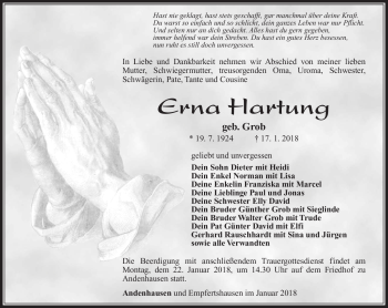 Traueranzeige von Erna Hartung von Südthüringer Presse