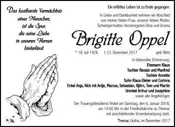 Traueranzeige von Brigitte Oppel von Südthüringer Presse