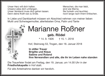 Traueranzeige von Marianne Roßner von Frankenpost