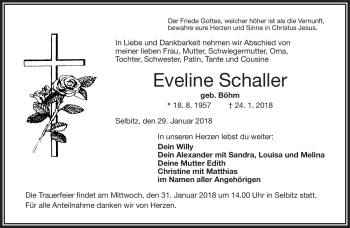 Traueranzeige von Eveline Schaller von Frankenpost