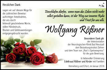 Traueranzeige von Wolfgang Rößner von Südthüringer Presse