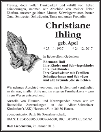 Traueranzeige von Christiane Ihling von Südthüringer Presse