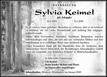 Traueranzeige von Sylvia Keimel von Südthüringer Presse