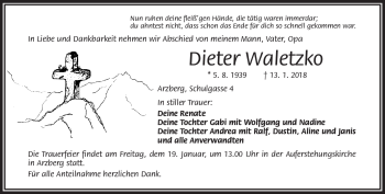 Traueranzeige von Dieter Waletzko von Frankenpost