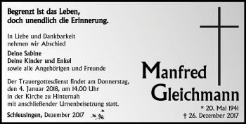 Traueranzeige von Manfred Gleichmann von Südthüringer Presse