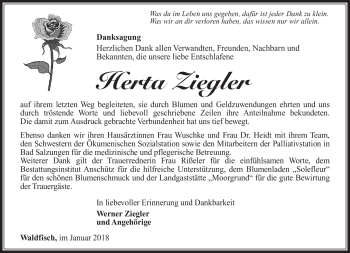 Traueranzeige von Herta Ziegler von Südthüringer Presse